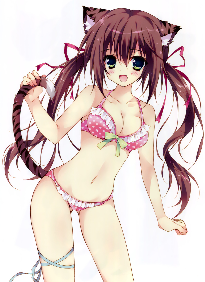 :d absurdres animal_ears bikini breasts brown_hair cleavage green_eyes herurun highres long_hair medium_breasts navel open_mouth original pink_bikini polka_dot polka_dot_swimsuit ribbon simple_background smile solo swimsuit tail thigh_ribbon tiger_ears tiger_tail twintails white_background