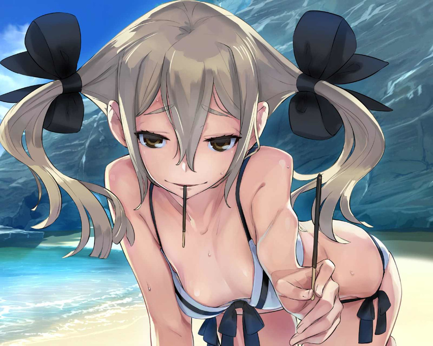 beach bikini blonde_hair bow breasts brown_eyes food fukuda_tomonori hair_bow highres koujiro_frau long_hair looking_at_viewer ocean outdoors pocky robotics;notes scan scan_artifacts seductive_smile small_breasts smile solo sweat swimsuit twintails water