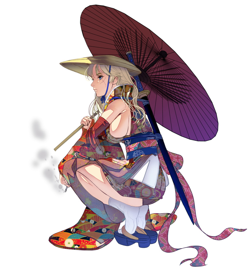 1girl blonde_hair blue_eyes breasts cigarette commentary_request full_body hat highres japanese_clothes katana kimono large_breasts legs_together long_hair masao no_bra oriental_umbrella original rice_hat sandals scabbard scar sheath sheathed sideboob smoking socks solo squatting sword tiptoes umbrella weapon weapon_on_back white_background