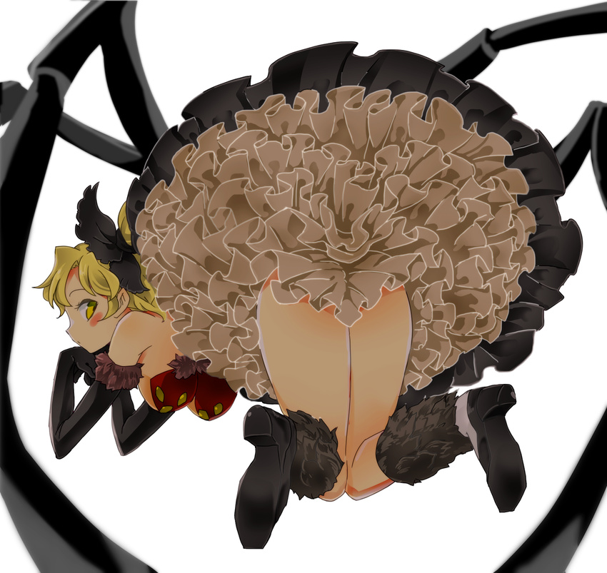 alternate_costume ass black_gloves blonde_hair blush bow breasts chamaruku commentary dress elbow_gloves frilled_dress frills full_body gloves hair_bow hanging_breasts high_heels highres insect_girl kurodani_yamame large_breasts looking_at_viewer looking_back petticoat ponytail short_hair solo spider_girl spider_legs too_many too_many_frills touhou upskirt white_background yellow_eyes