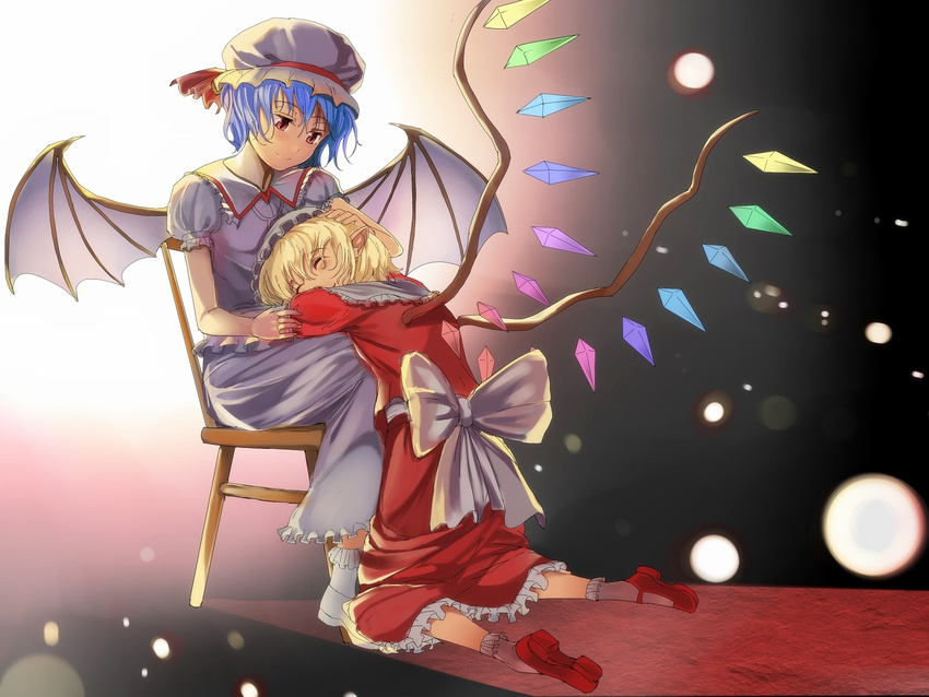 ankle_socks bad_id bad_pixiv_id bat_wings blonde_hair blue_hair bow chair closed_eyes flandre_scarlet gradient gradient_background hand_on_another's_head hat hat_ribbon head_rest herr_meer highres kneeling light_particles looking_at_another mary_janes mob_cap multiple_girls on_lap pointy_ears puffy_short_sleeves puffy_sleeves red_eyes remilia_scarlet ribbon shoes short_hair short_sleeves siblings sisters sitting skirt skirt_set slit_pupils smile touhou wings