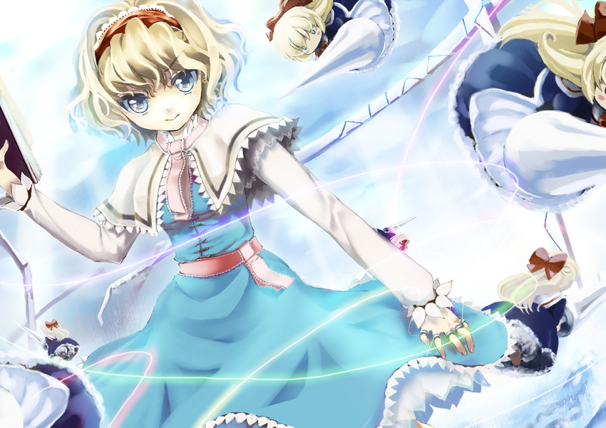 alice_margatroid blonde_hair blue_eyes book capelet doll hair_ribbon hairband holding holding_book long_sleeves looking_at_viewer oka_(umanihiki) polearm ribbon sash serious shanghai_doll spear string touhou weapon