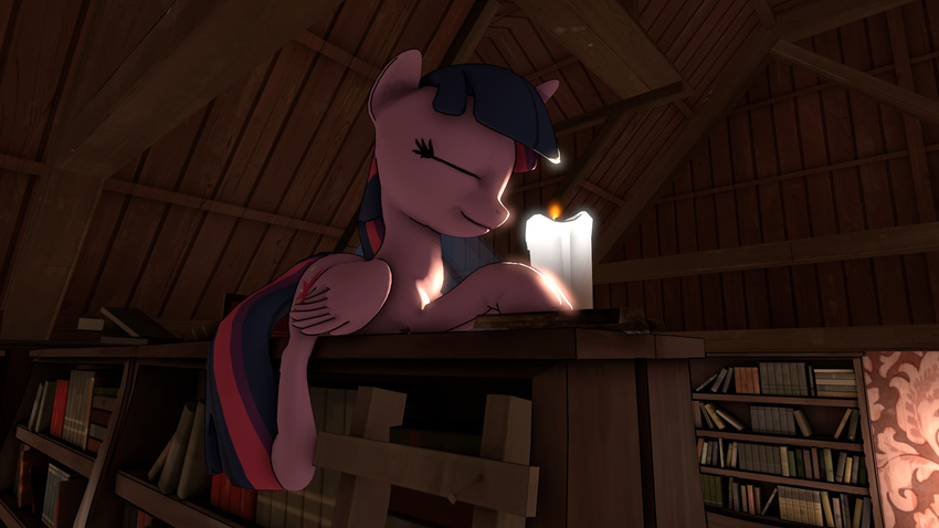 3d book candle cute cutie_mark equine eyes_closed female feral friendship_is_magic hair horn horse mammal my_little_pony mynokiarules pony smile twilight_sparkle_(mlp) two_tone_hair winged_unicorn wings