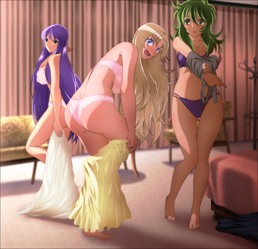 3girls absurdres aquila_yuna ass athena back bare_shoulders barefoot bed bent_over black_eyes blonde_hair blue_eyes blush bra breasts cleavage curtains curvy dress feet green_eyes green_hair highres kido_saori large_breasts legs long_hair looking_back multiple_girls navel open_mouth ophiuchus_shaina panties pink_bra pink_panties purple_bra purple_hair purple_panties saint_seiya saint_seiya_omega sideboob standing surprised thighs toes underwear undressing white_bra white_panties yadokari_genpachirou