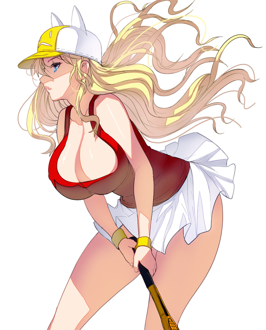 1girl animal_hat baseball_cap bent_over blonde_hair blue_eyes breasts cat_hat cleavage commentary_request hat highres huge_breasts masao miniskirt original racket sideways_mouth skirt solo tank_top tennis_racket white_skirt wristband