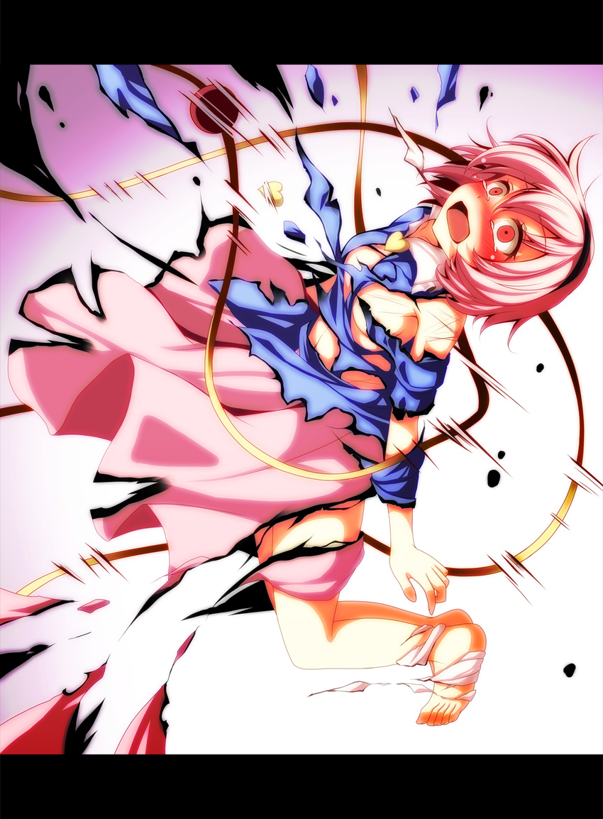 areolae bad_id bad_pixiv_id barefoot blush breasts defeat dress exploding_clothes hairband heart highres komeiji_satori letterboxed medium_breasts open_mouth pink_eyes pink_hair s-syogo short_hair solo tears third_eye torn_clothes touhou