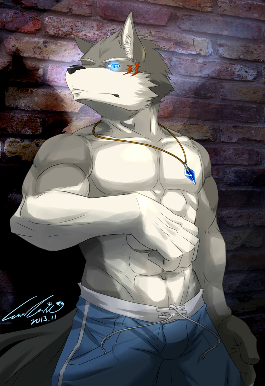 anthro biceps big_muscles black_nose blue_eyes bulge canine chest clothing comic fur glowing glowing_eyes grey_fur looking_at_viewer male mammal muscles necklace pants paws pecs pose solo standing tattoo toned topless unknown_artist wall wolf