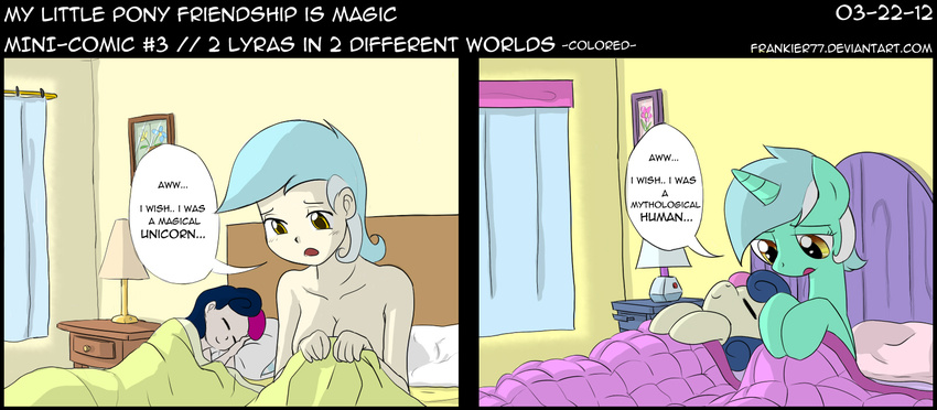 amber_eyes bed blue_hair bonbon_(mlp) breasts comic dialog english_text equine eyes_closed female feral frankier77 friendship_is_magic fur green_fur hair horn horse human humanized lamp long_hair lying lyra_(mlp) lyra_heartstrings_(mlp) mammal my_little_pony on_back on_side open_mouth pillow pony sitting sleeping smile square_crossover text tongue two_tone_hair unicorn yellow_eyes