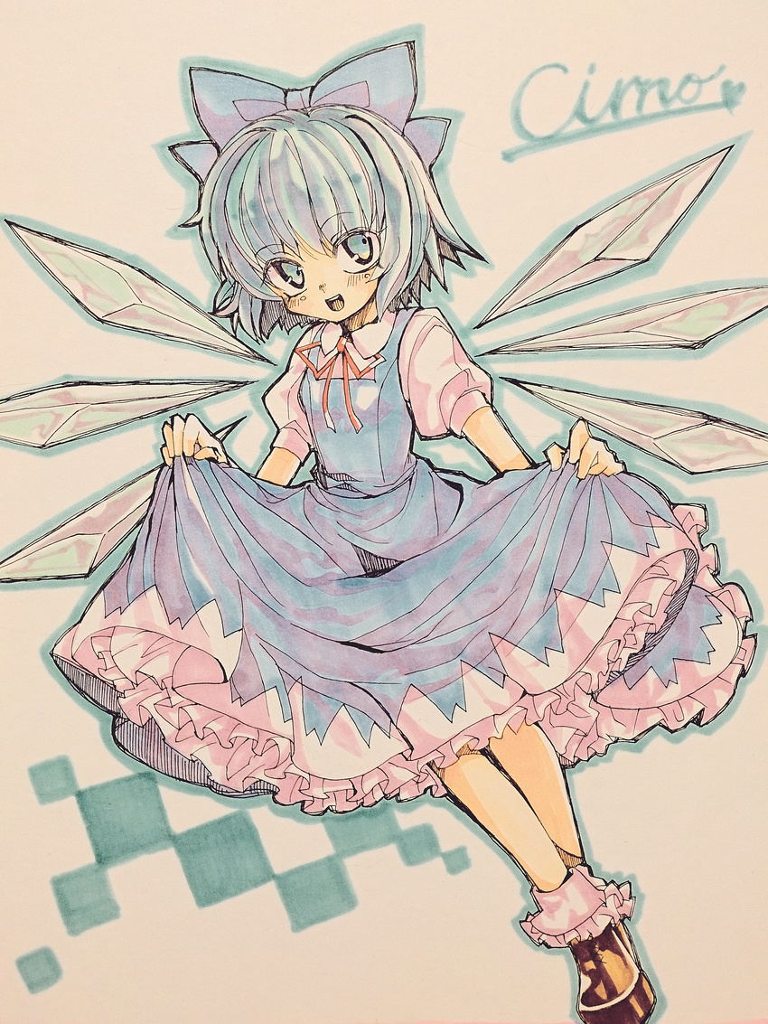 absurdres akira_unoie blue_dress blue_eyes blue_hair blush bow character_name checkered checkered_background cirno dress frills full_body hair_ribbon highres ice ice_wings marker_(medium) open_mouth puffy_sleeves ribbon shirt shoes short_hair short_sleeves simple_background smile socks touhou traditional_media upskirt white_legwear white_shirt wings
