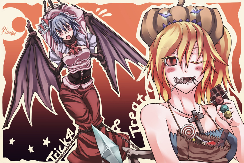 alternate_costume bdsm blonde_hair blue_hair bondage bound breasts candy chain dress eating flandre_scarlet food hat highres medium_breasts multiple_girls older one_eye_closed red_eyes remilia_scarlet ryuuno_stadtfeld short_hair smile tears touhou wings