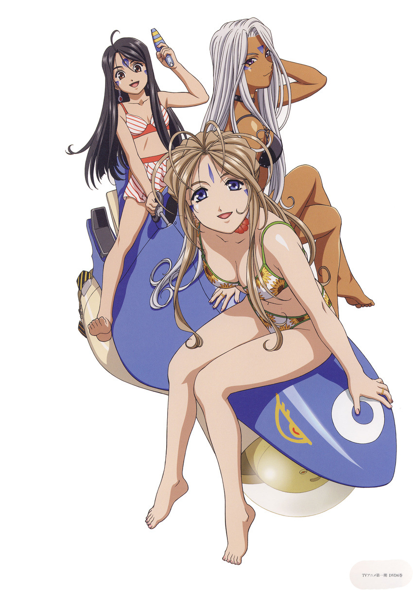 aa_megami-sama absurdres arm_support barefoot belldandy bikini bikini_skirt black_hair blue_eyes breasts brown_eyes brown_hair cleavage crossed_legs facial_mark forehead_mark highres jewelry long_hair looking_at_viewer medium_breasts multiple_girls official_art open_mouth parted_lips purple_eyes ring simple_background sitting skuld small_breasts smile striped striped_bikini swimsuit urd water_gun white_background white_hair