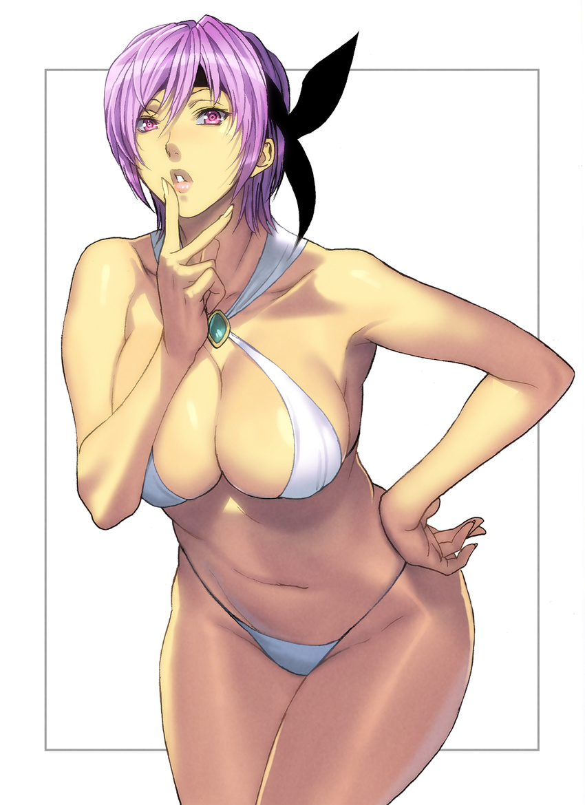 ayane_(doa) bare_shoulders bikini breasts curvy dead_or_alive hand_on_hip highres hips homare_(fool's_art) large_breasts legs lipstick looking_at_viewer makeup navel pink_hair purple_eyes short_hair simple_background solo standing swimsuit thighs thong_bikini white_background