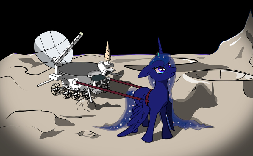 blue_eyes blue_hair crater crown equine female feral friendship_is_magic hair harness horn horse long_hair lunokhod mammal moon multi-colored_hair my_little_pony pony princess_luna_(mlp) purple_hair russian sad snakeonmoon solo tears winged_unicorn wings