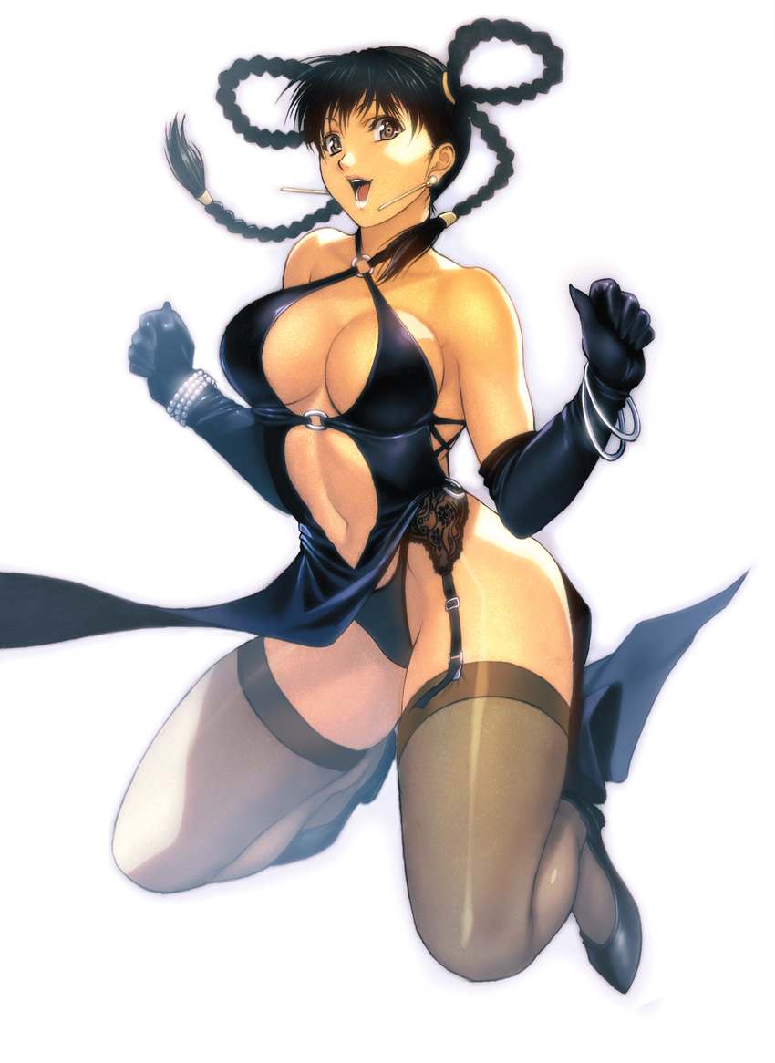 :d black_hair black_legwear black_panties bracelet braid breasts brown_eyes cleavage dead_or_alive dress earrings elbow_gloves garter_straps gloves high_heels highres homare_(fool's_art) jewelry large_breasts lei_fang looking_at_viewer o-ring o-ring_top open_mouth panties pelvic_curtain simple_background smile solo thick_thighs thighhighs thighs twin_braids underwear white_background