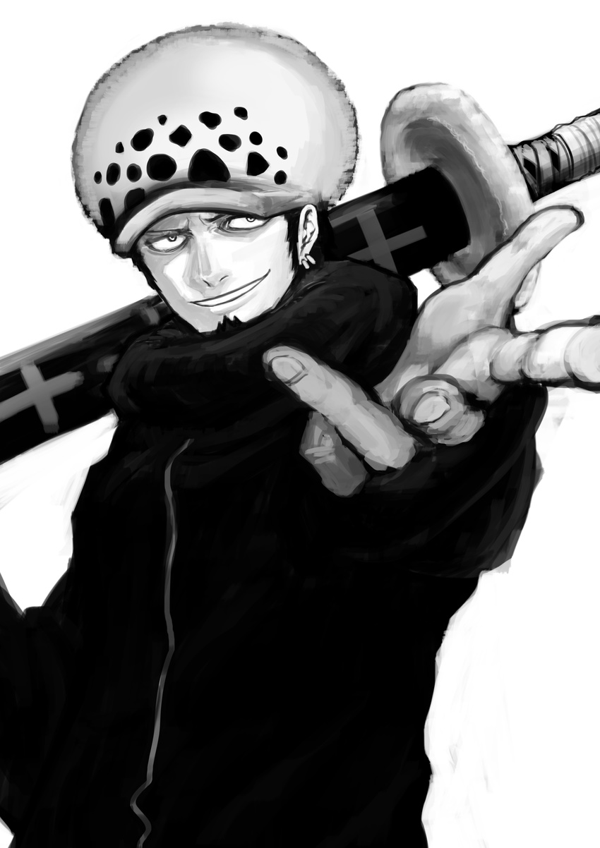 absurdres bad_id bad_pixiv_id beard earrings facial_hair foreshortening greyscale hat highres jewelry male_focus monochrome one_piece outstretched_hand sheath sheathed smile solo sword toro_(6636) trafalgar_law weapon white_background