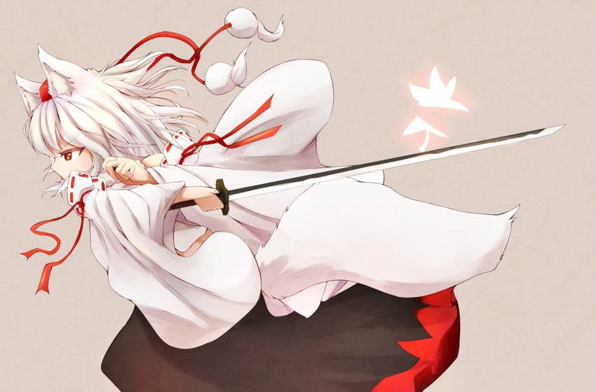 animal_ears covering_mouth denak detached_sleeves fighting_stance grey_background hat highres inubashiri_momiji katana leaf maple_leaf pom_pom_(clothes) profile red_eyes simple_background skirt sword tail tokin_hat touhou weapon wide_sleeves wolf_ears wolf_tail