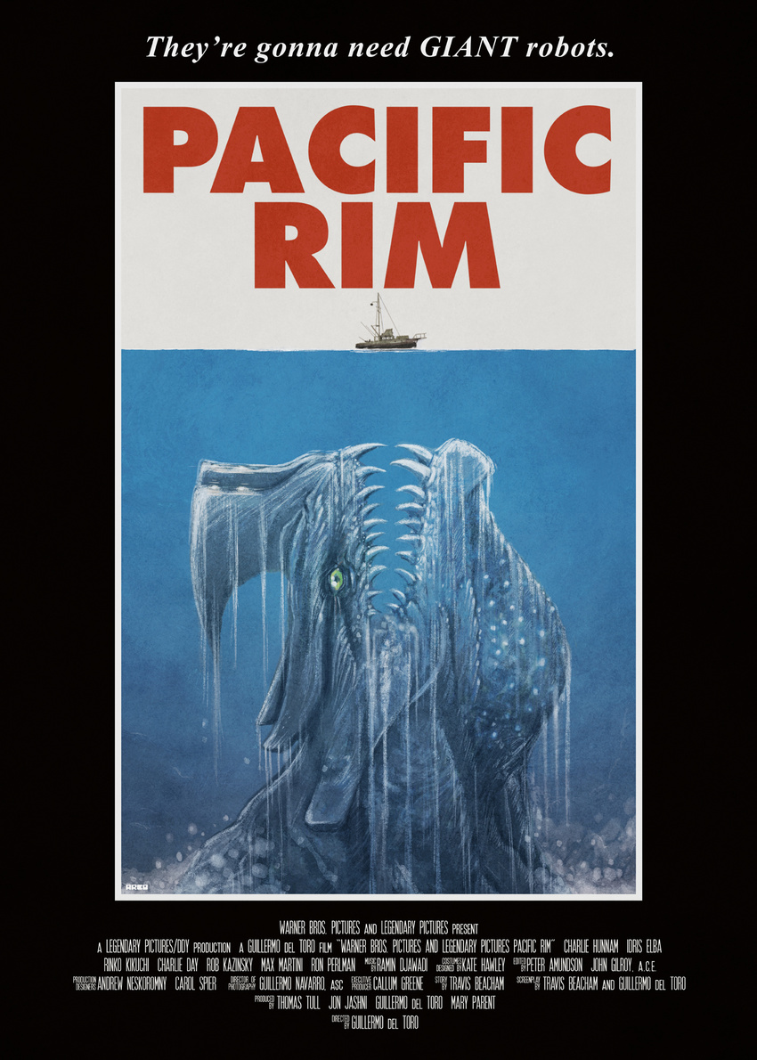 cakes-and-comics english_text green_eyes humor jaws kaiju monster movie_poster otachi pacific_rim parody poster sea sharp_teeth teeth text under_water underwater water