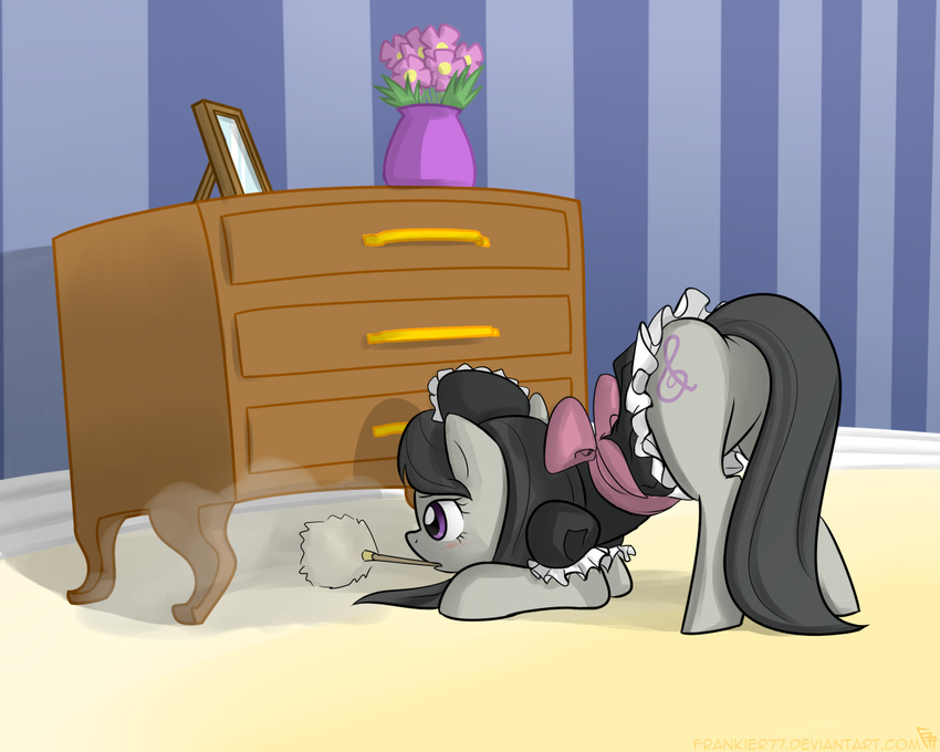 black_hair blush bow butt clothing cutie_mark dresser dust equine feather_duster female feral flower frankier77 french_maid friendship_is_magic fur grey_fur hair horse maid maid_uniform mammal my_little_pony octavia_(mlp) pony purple_eyes solo