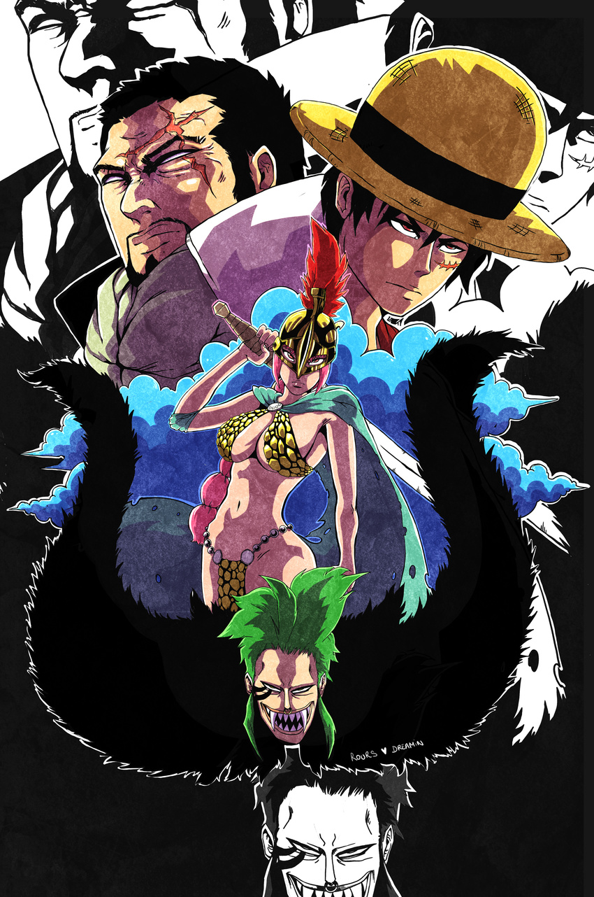 3boys absurdres armor bartolomeo bikini_armor black_hair blind breasts cape cleavage elbow_pads facial_hair facial_tattoo fangs fur gladiator goatee green_hair grin hat helmet highres issho_(fujitora) large_breasts long_hair monkey_d_luffy multi-tied_hair multiple_boys navel nose_piercing nose_ring one_piece partially_colored piercing pikoloz-dreamin pink_hair plume rebecca_(one_piece) scar short_hair signature smile straw_hat sword tattoo torn_cape weapon zoom_layer