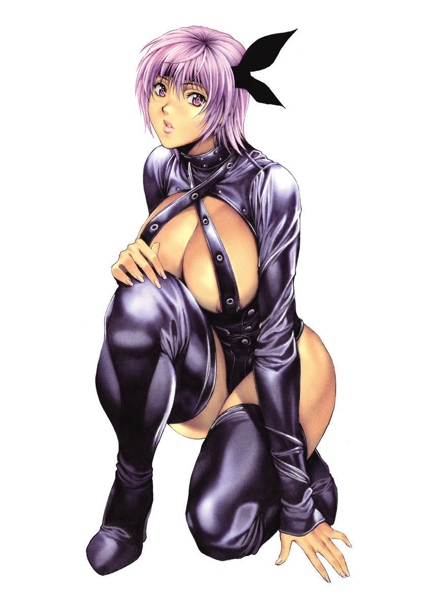 areola_slip areolae ayane_(doa) boots breasts curvy dead_or_alive hairband highres homare_(fool's_art) kneeling large_breasts legs lingerie lipstick looking_at_viewer makeup nail_polish pink_eyes purple_hair short_hair simple_background solo thigh_boots thighhighs thighs underwear white_background