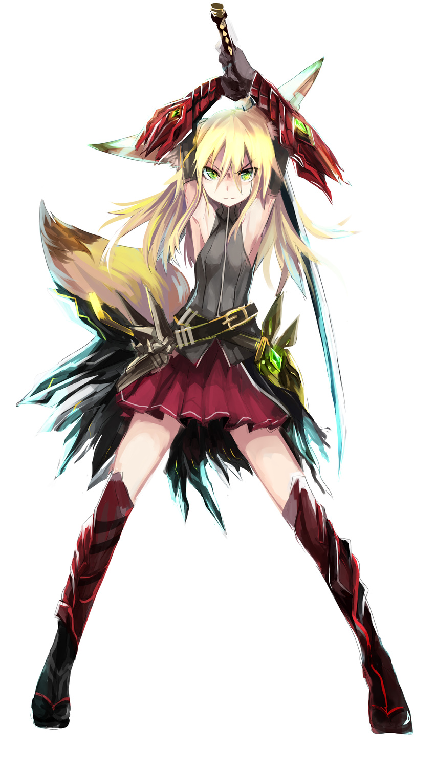 absurdres armpits arms_up belt black_gloves black_legwear blonde_hair bracer elbow_gloves flat_chest fox_tail full_body gloves greaves green_eyes haik highres kokonoe_tsubaki long_hair multiple_belts original over_shoulder skirt solo sword sword_over_shoulder tabi tail weapon weapon_over_shoulder