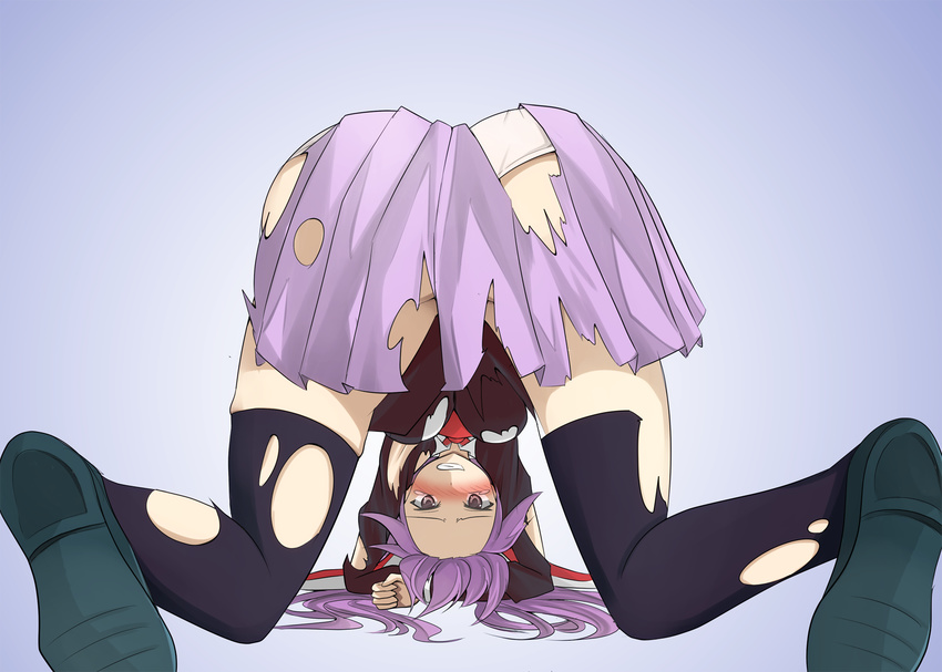 all_fours angry animal_ears ass black_legwear blue_background blush breasts bunny_ears clenched_teeth crying embarrassed from_behind highres jacket long_hair long_sleeves looking_at_viewer looking_through_legs medium_breasts necktie panties purple_hair red_eyes reisen_udongein_inaba shamisen_(syami_sen) shirt shoes simple_background skirt solo tears teeth thighhighs torn_clothes torn_legwear torn_skirt touhou underwear upside-down white_panties white_shirt zettai_ryouiki
