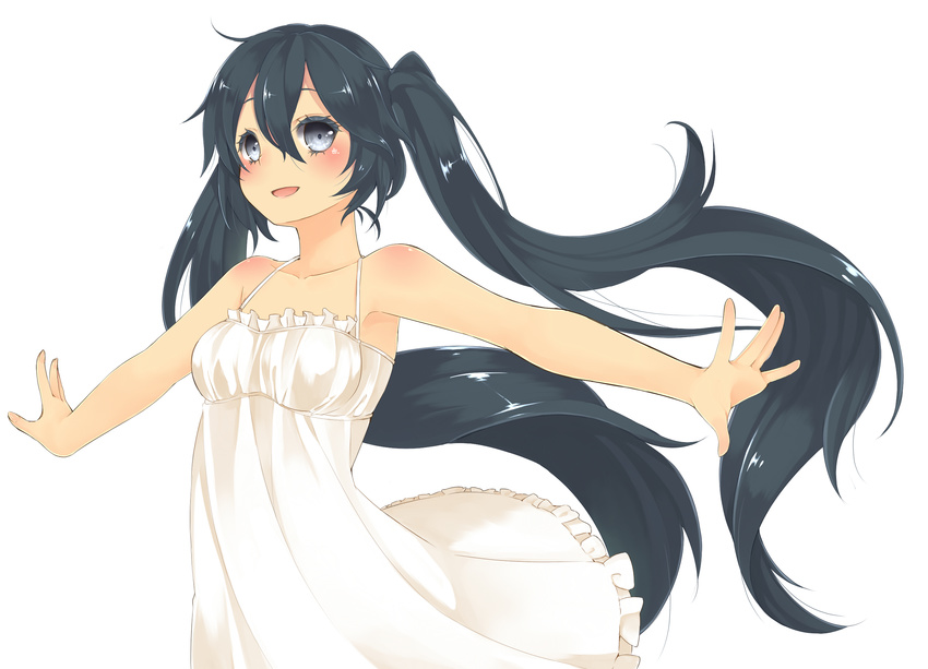 akamata alternate_eye_color alternate_hair_color bare_shoulders black_hair blue_eyes blush dress hatsune_miku highres long_hair simple_background smile solo twintails very_long_hair vocaloid white_background