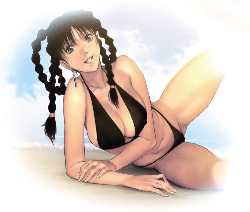 arm_support bikini black_hair braid breasts brown_eyes cleavage cloud dead_or_alive earrings grin highres homare_(fool's_art) jewelry large_breasts lei_fang looking_at_viewer lying navel on_side sky smile solo swimsuit twin_braids