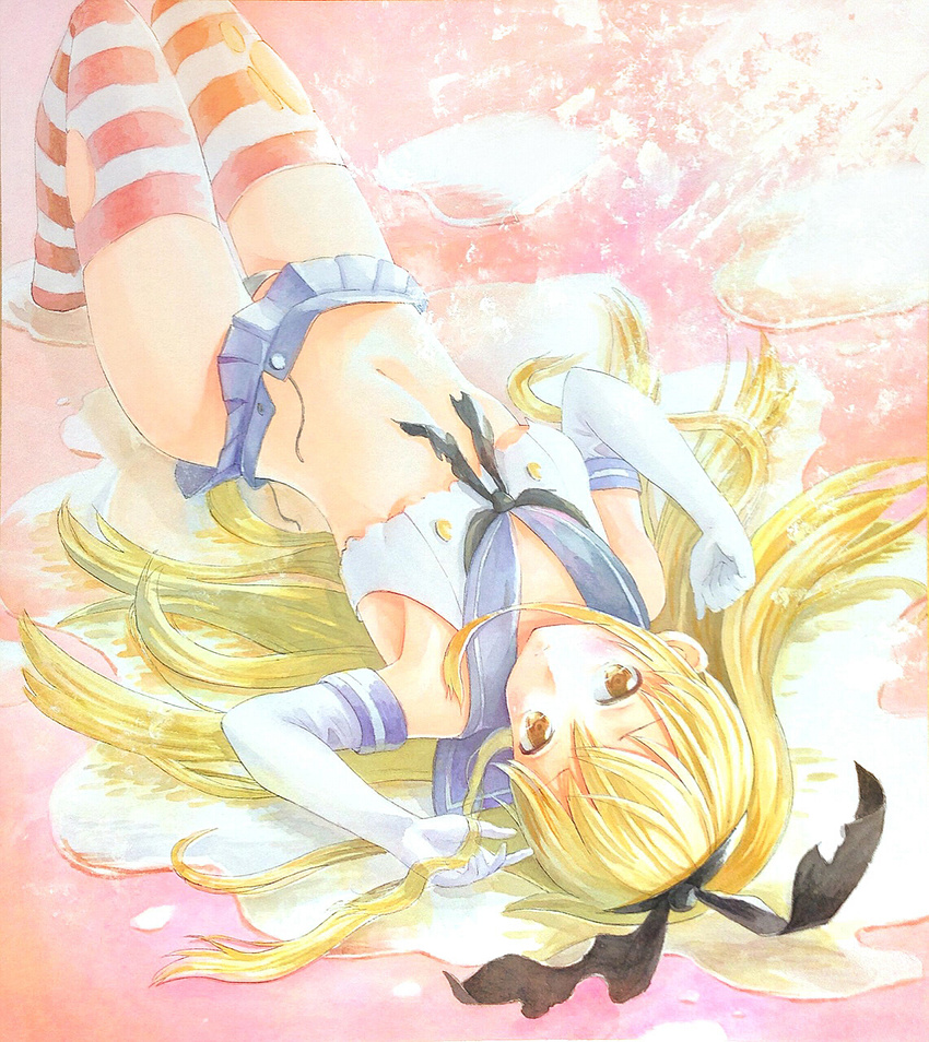 black_panties blonde_hair elbow_gloves gloves hairband highres kantai_collection long_hair lying midriff navel on_back panties shimakaze_(kantai_collection) skirt solo striped striped_legwear thighhighs torn_clothes traditional_media tsumimitsu underwear white_gloves yellow_eyes