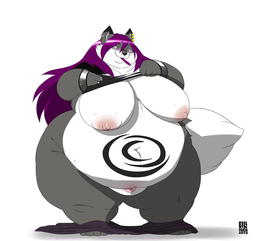 balls breasts bulge bursting_clothes canine chubby claws dickgirl eyewear female fox gender_transformation gillpanda glasses hair hybrid intersex male mammal obese overweight penis solo transformation weight_gain wide_hips