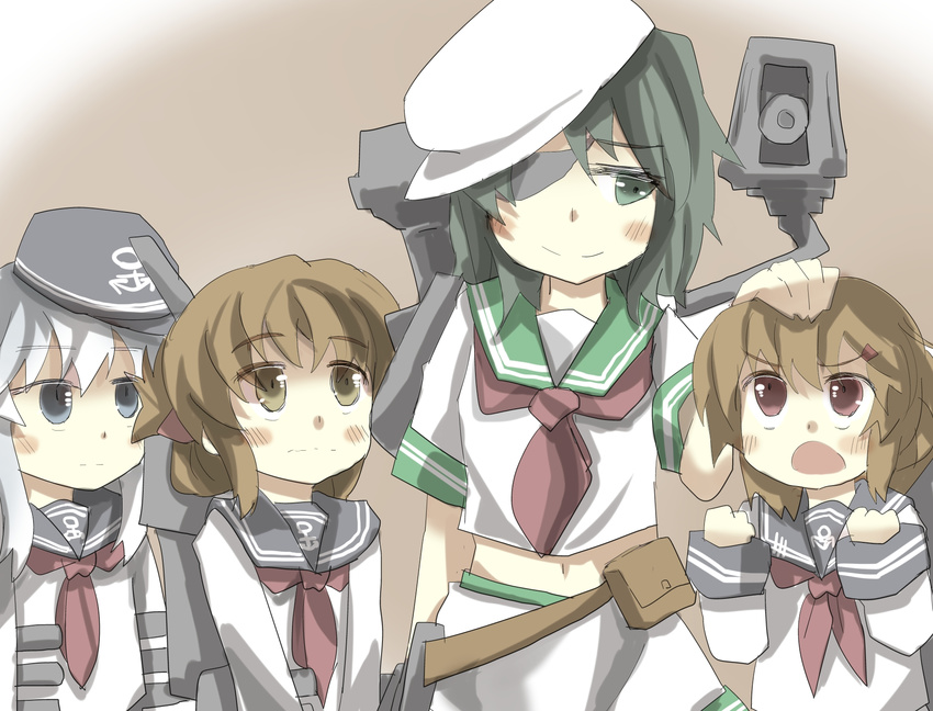 anchor_symbol black_hair blue_eyes blue_hair blush brown_eyes brown_hair commentary eyepatch folded_ponytail gaoo_(frpjx283) gradient gradient_background green_eyes hair_up hat hibiki_(kantai_collection) highres ikazuchi_(kantai_collection) inazuma_(kantai_collection) kantai_collection kiso_(kantai_collection) multiple_girls navel neckerchief open_mouth petting pouch red_eyes school_uniform serafuku short_hair silver_hair smile yellow_eyes