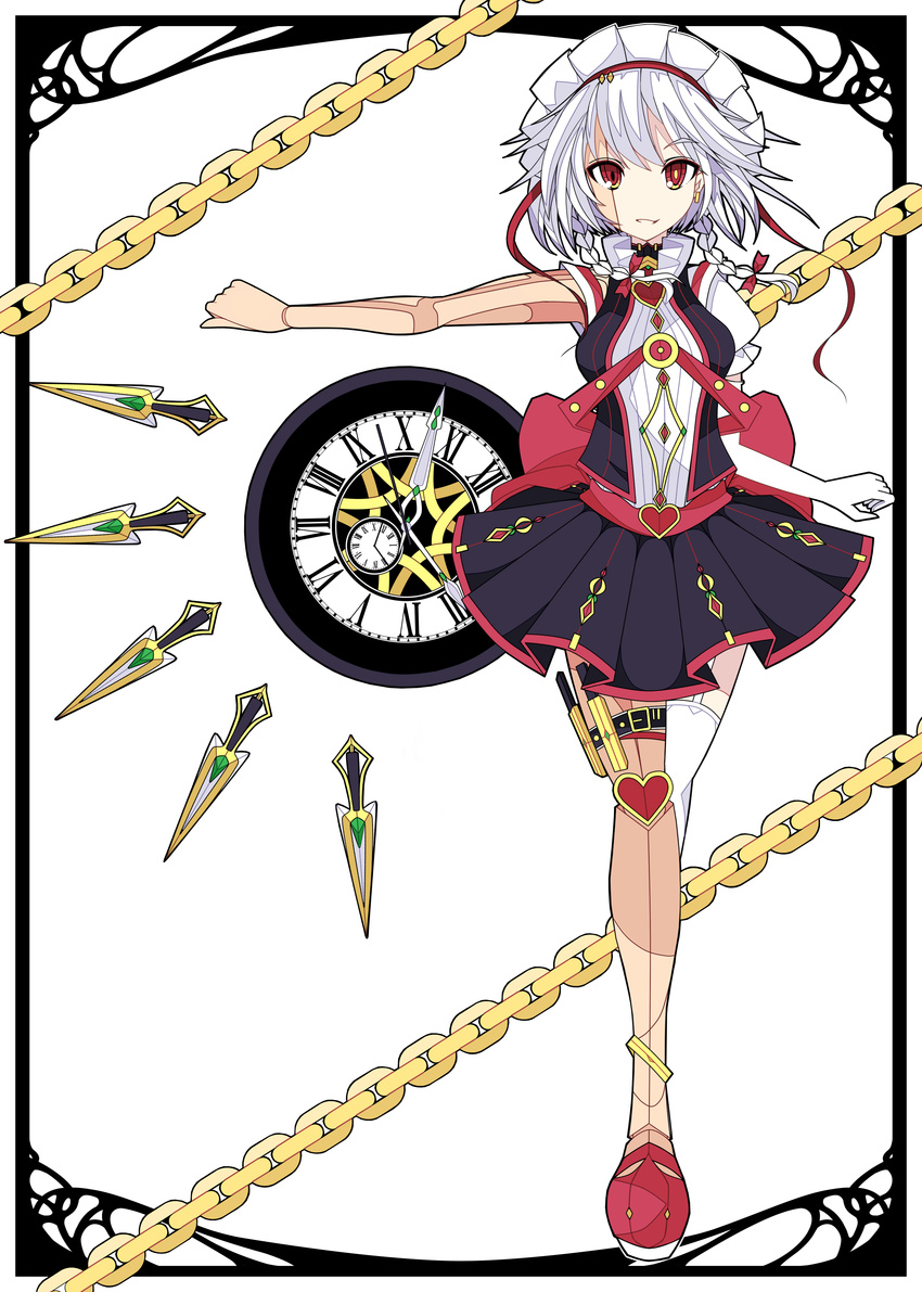 absurdres akiposo2580 alternate_costume bad_id bad_pixiv_id chain clock doll_joints frame heart highres ideolo_(style) izayoi_sakuya knife looking_at_viewer maid maid_headdress open_clothes open_vest outstretched_arm red_eyes shirt silver_hair single_thighhigh skirt solo thighhighs touhou vest