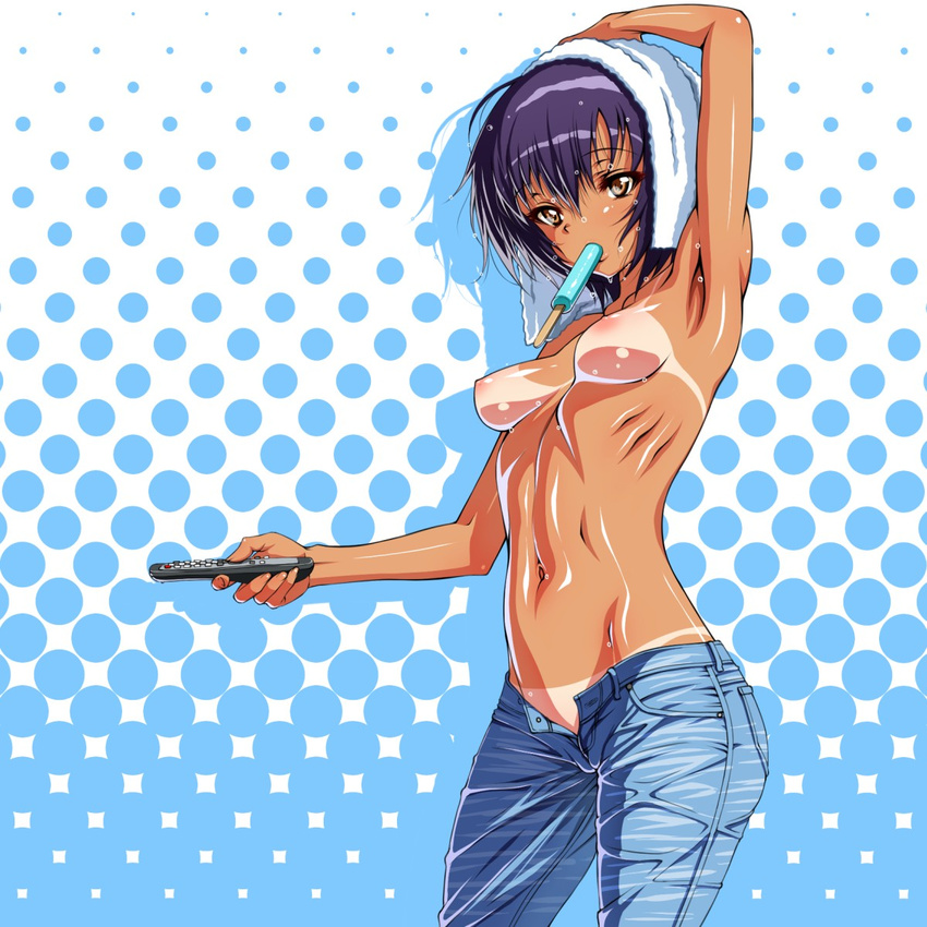 1girl armpits breasts brown_eyes female funami_yui highres inagaki looking_at_viewer mound_of_venus mouth_hold navel nipples older popsicle purple_hair short_hair solo standing tan tanline topless towel unbuttoned wet yuru_yuri