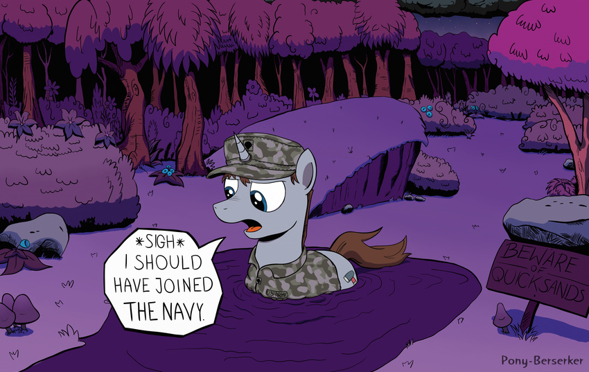 blue_eyes brown_hair cutie_mark dialog english_text equine feral forest frown fur grass hair hat horn horse male mammal military my_little_pony night open_mouth original_character outside pony pony-berserker quicksand sign solo text tongue tree unicorn uniform