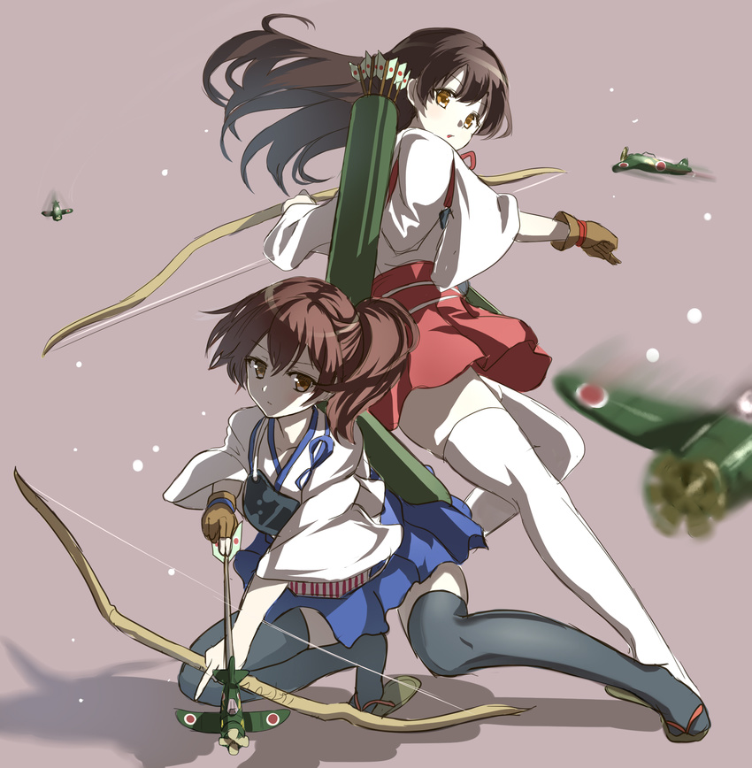aircraft airplane akagi_(kantai_collection) aldehyde arrow back-to-back black_hair bow_(weapon) brown_eyes brown_hair fingerless_gloves gloves highres kaga_(kantai_collection) kantai_collection long_hair long_sleeves looking_at_viewer looking_back md5_mismatch multiple_girls muneate ponytail quiver shirt single_glove skirt thighhighs weapon white_legwear wide_sleeves zettai_ryouiki