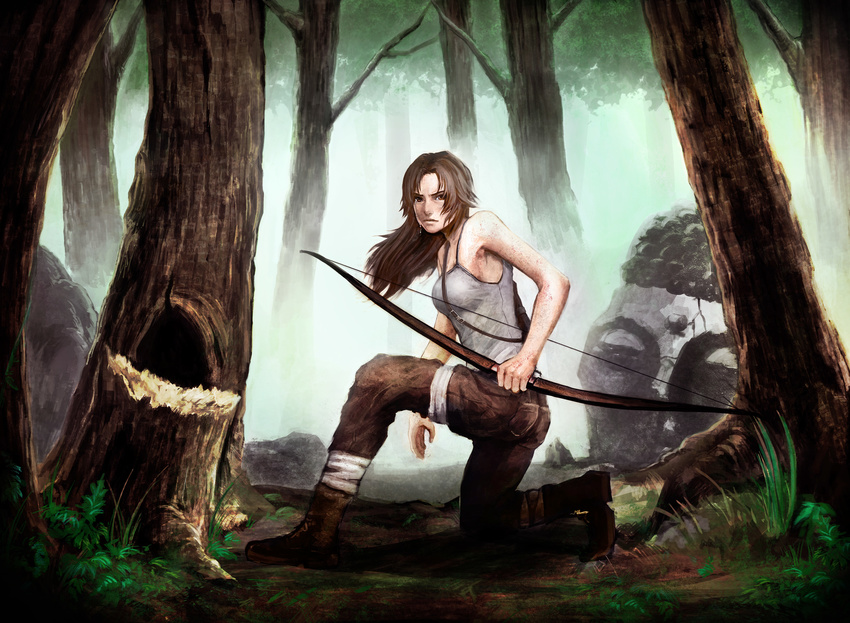 absurdres bad_id bad_pixiv_id bandages bow_(weapon) breasts brown_eyes brown_hair forest highres lara_croft long_hair medium_breasts nature realistic solo tank_top tomb_raider tomb_raider_(reboot) toro_(6636) tree twisted_torso weapon