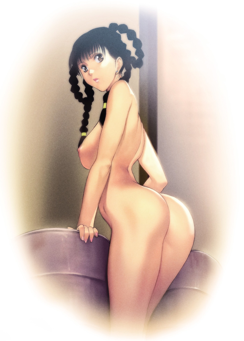 1girl areolae ass back barrel black_hair braid breasts dead_or_alive earrings highres hips homare_(fool's_art) homare_(fool's_art) jewelry large_breasts legs lei_fang long_hair looking_back nipples nude serious sideboob solo standing thighs twin_braids