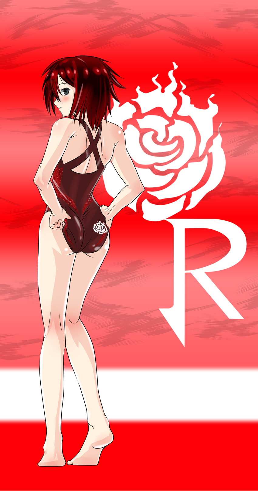 absurdres adjusting_clothes adjusting_swimsuit ass back bad_id bad_pixiv_id bare_shoulders barefoot commentary flower from_behind highres looking_back one-piece_swimsuit profile red red_hair rose ruby_rose rwby short_hair silver_eyes solo swimsuit