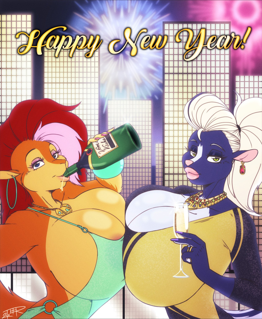 2018 alcohol anthro areola beverage big_breasts breast_implants breasts city cleavage clothed clothing colored_nails detailed_background dress drinking duo ear_piercing english_text eyelashes eyeshadow female fireworks green_eyes hair hairband half-closed_eyes hi_res holding_glass holding_object holidays huge_breasts jewelry lipstick long_hair looking_at_viewer makeup mammal marika_(teer) multicolored_hair necklace new_year outside piercing pink_hair pink_nose purple_eyes red_hair ring rodent sciurid smile teer text tree_squirrel two_tone_hair white_hair