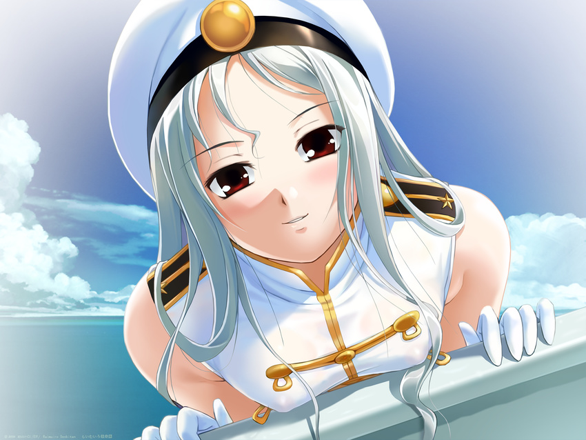 areolae beret blush breasts close-up cloud covered_nipples day gloves hat highres honda_naoki kuki-sama lime-iro_senkitan long_hair medium_breasts military military_uniform no_bra ocean red_eyes see-through silver_hair sky sleeveless smile solo uniform wallpaper water