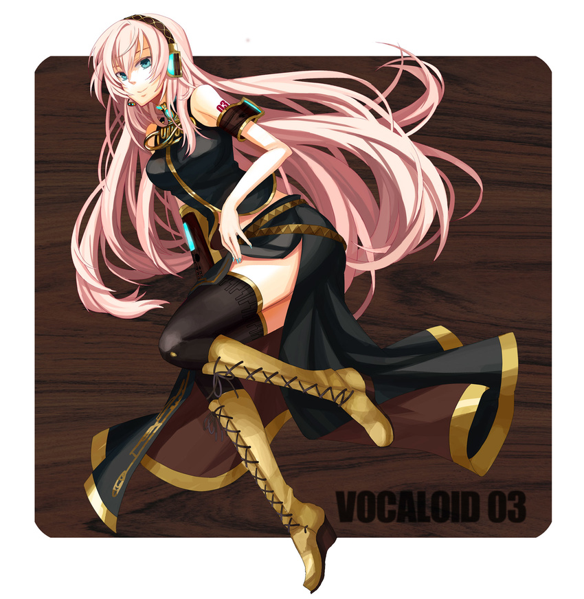 belt black_legwear black_skirt blue_eyes blue_nails boots headset highres knee_boots long_hair long_skirt lying megurine_luka nail_polish osamu_(jagabata) pink_hair skirt solo thighhighs very_long_hair vocaloid zettai_ryouiki