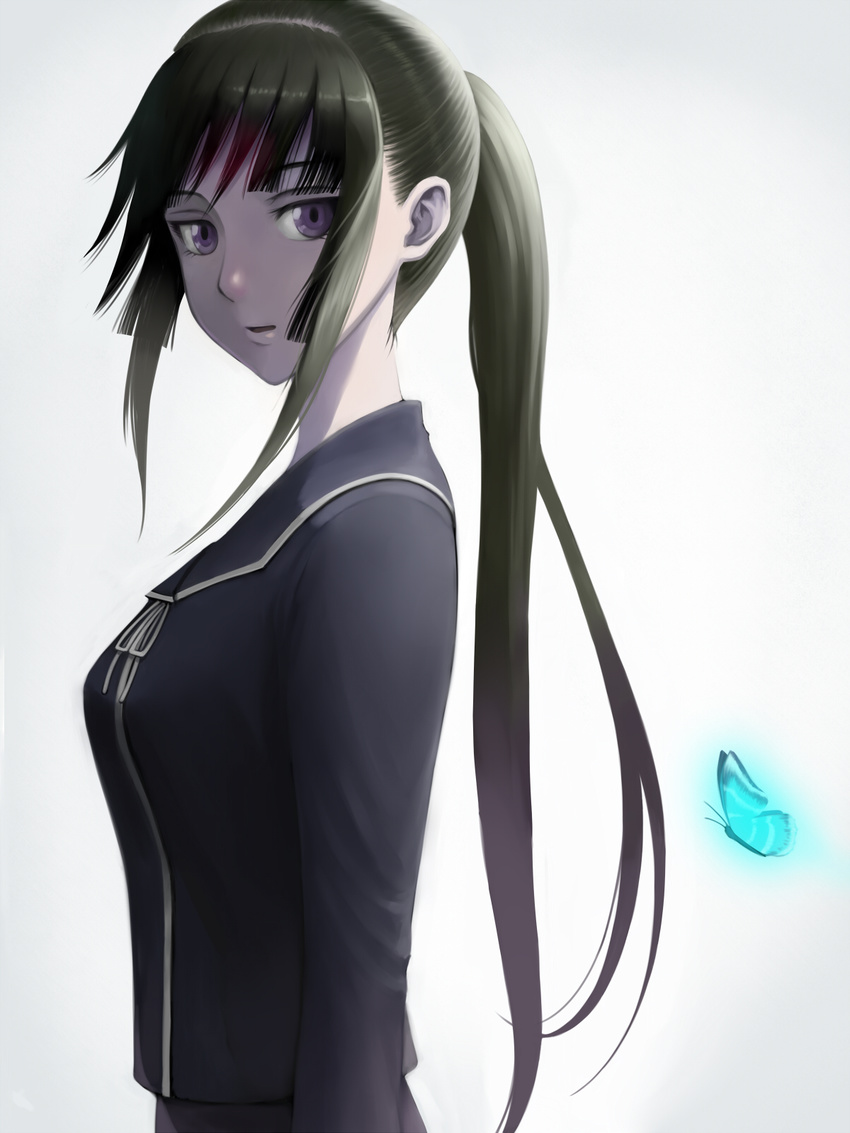 bad_id bad_pixiv_id bug butterfly ga-rei ga-rei_zero green_hair highres insect isayama_yomi long_hair penpen_(penpen1942) ponytail purple_eyes school_uniform solo