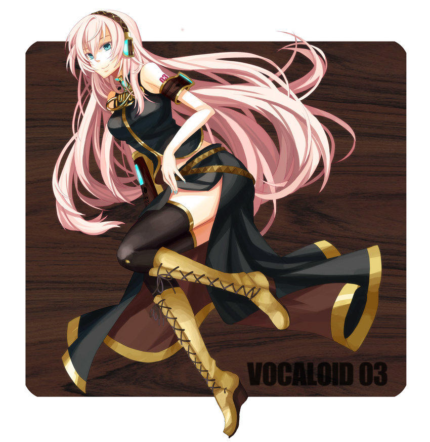 blue_eyes headphones highres long_hair megurine_luka osamu_(jagabata) pink_hair solo thighhighs very_long_hair vocaloid zettai_ryouiki