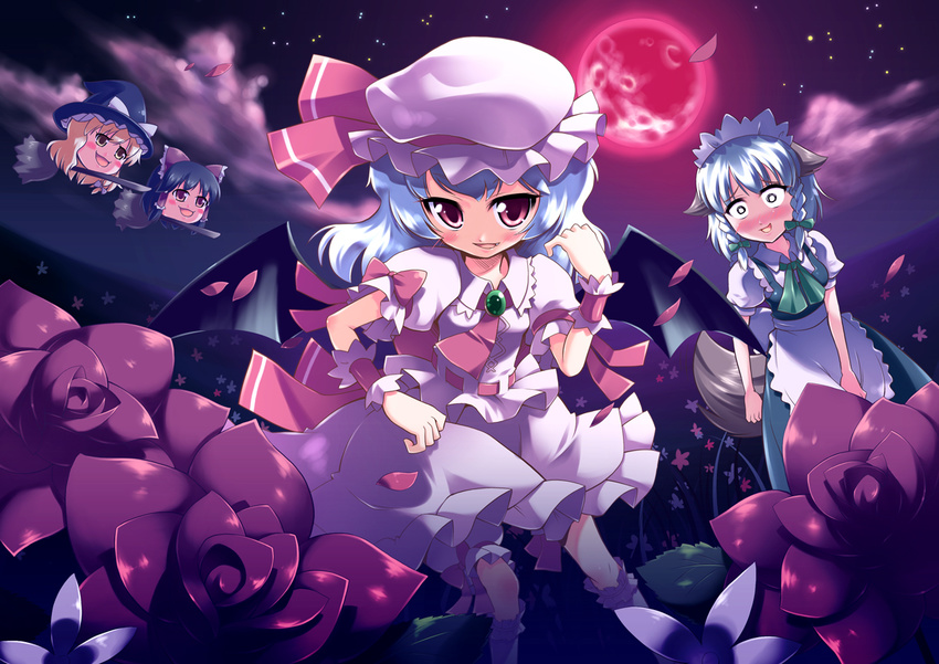 animal_ears bad_id bad_pixiv_id blush dog_ears dog_tail flower full_moon hakurei_reimu izayoi_sakuya kemonomimi_mode kirisame_marisa moon morujii multiple_girls red_moon remilia_scarlet tail touhou yukkuri_shiteitte_ne