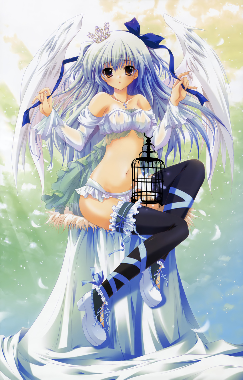 absurdres angel angel_wings ankle_lace-up bare_shoulders birdcage blue_hair blush bow cage copyright_request cross cross-laced_footwear crown feathers garters hair_ribbon highres izumi_tsubasu jewelry long_legs midriff multicolored multicolored_eyes navel necklace open_mouth ribbon solo thighhighs wings yellow_eyes