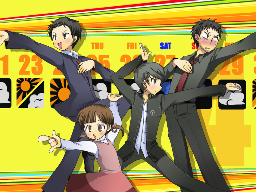 3boys :d adachi_tooru black_hair chiizu_ochaduke child doujima_nanako doujima_ryoutarou fighting_stance get_down long_sleeves multiple_boys narukami_yuu open_mouth outstretched_arms pants persona persona_4 short_hair simple_background smile standing twintails yellow_background