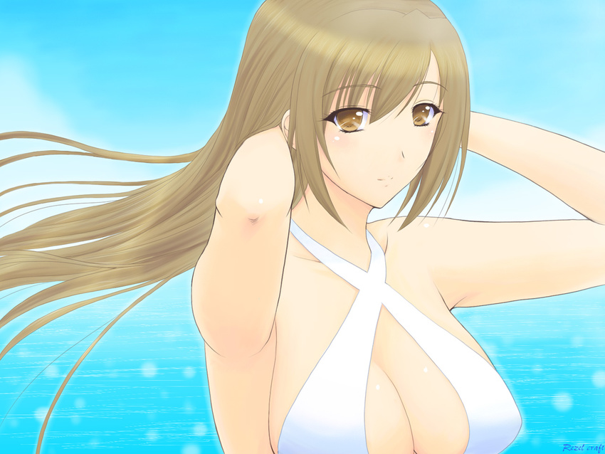 arms_up bikini breasts brown_hair cleavage day halter_top halterneck large_breasts long_hair minami-ke minami_haruka rezel_craft solo swimsuit