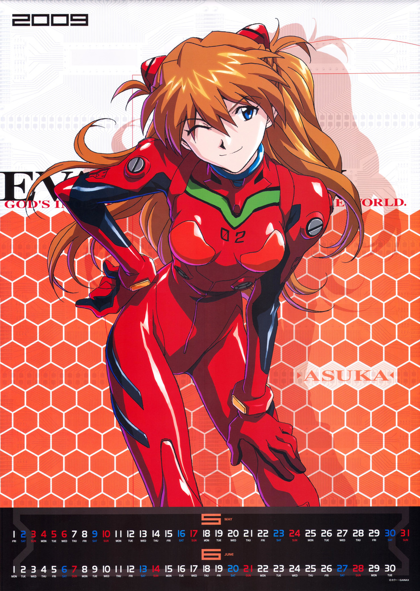 2009 absurdres april bent_over blue_eyes bodysuit breasts calendar_(medium) character_name copyright_name highres long_hair march medium_breasts neon_genesis_evangelion one_eye_closed orange_hair plugsuit sadamoto_yoshiyuki smile solo souryuu_asuka_langley