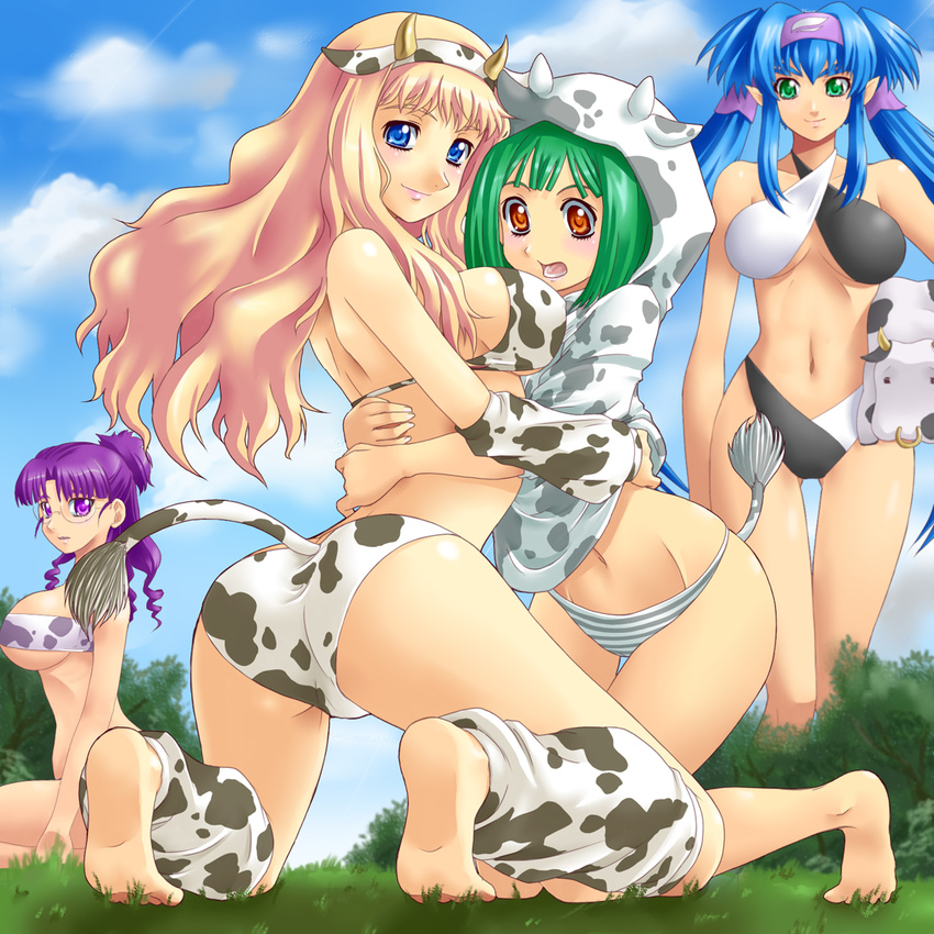 akeome animal_print barefoot bikini blonde_hair blue_eyes blue_hair blush breasts chinese_zodiac cow cow_girl cow_print day drill_hair feet giantess glasses green_eyes green_hair halter_top halterneck happy_new_year highres horns hug huge_breasts klan_klein long_hair macross macross_frontier matsuura_nanase meltrandi multiple_girls new_year orange_eyes panties purple_eyes purple_hair ranka_lee red_eyes sheryl_nome striped striped_panties swimsuit tail twintails underwear yaso_shigeru year_of_the_ox zentradi