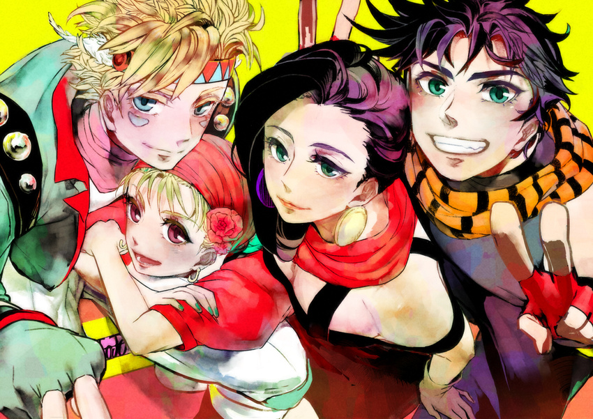 2boys 2girls artist_request bare_shoulders black_hair blonde_hair blue_eyes caesar_anthonio_zeppeli character_request earrings everyone fingerless_gloves gloves green_eyes happy iu jewelry jojo_no_kimyou_na_bouken joseph_joestar_(young) lisa_lisa long_hair looking_at_viewer male mother_and_son mouther_and_son multiple_boys multiple_girls nail_polish open_mouth red_eyes red_scarf scarf short_hair toma_'3' v